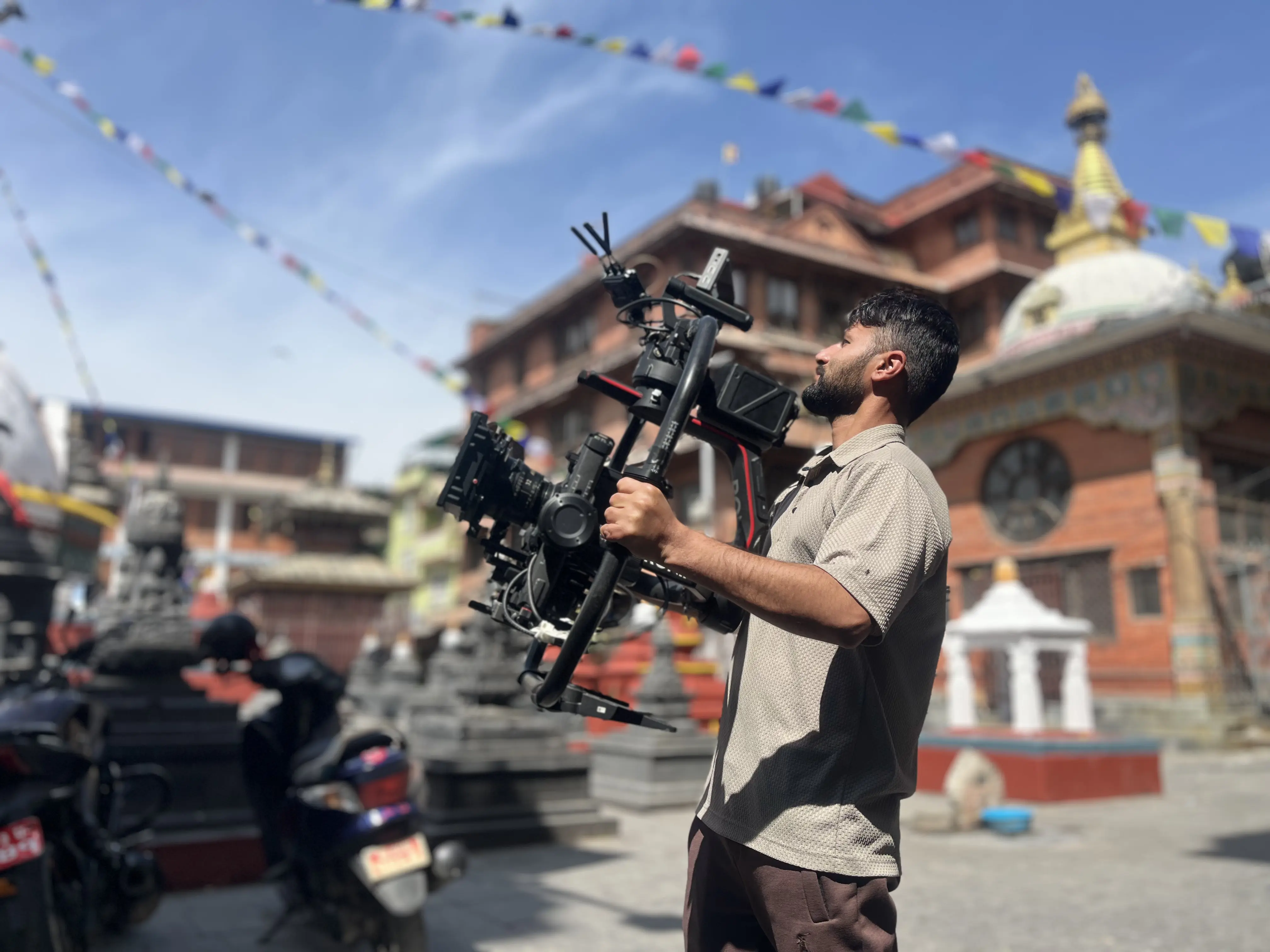 International film crew reviewing a production brief before filming in Nepal
