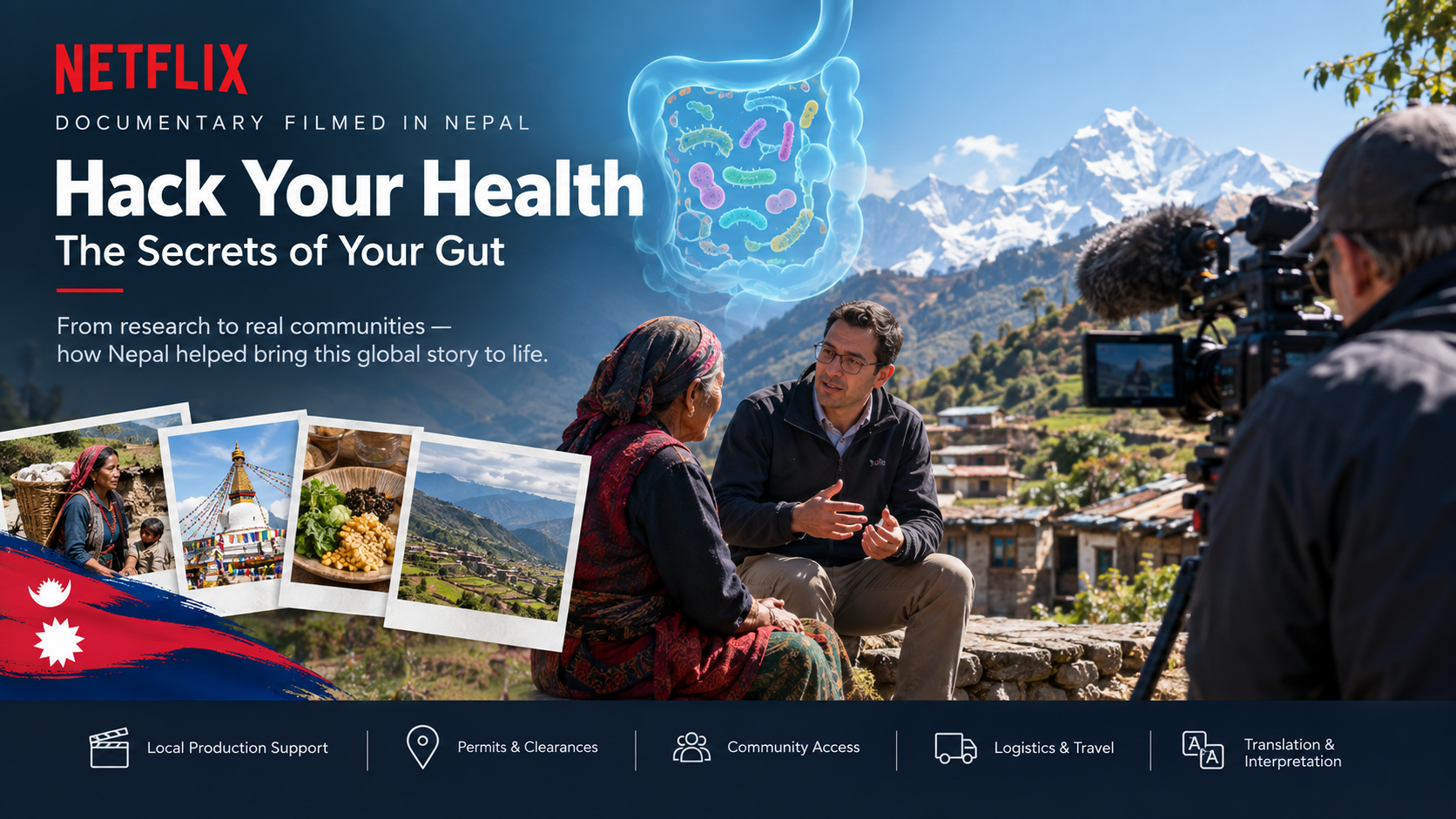 Nepal Film Production supporting Netflix documentary Hack Your Health with permits, logistics, and community access during filming in Nepal